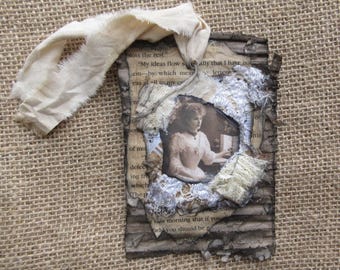 Grungy Shabby Chic Vintage Style Tag Mixed Media Art Journal Card Wall Hanging Tattered Distressed Halloween or Christmas Ornament