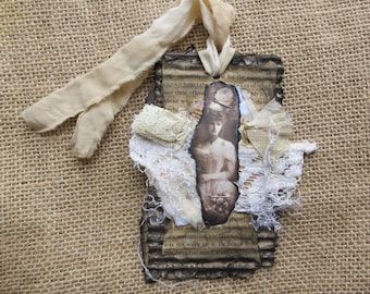 Grungy Shabby Chic Vintage Style Tag Mixed Media Art Journal Card Wall Hanging Tattered Distressed Halloween or Christmas Ornament