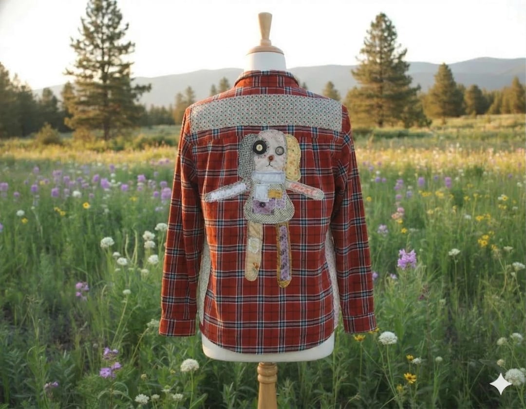 Upcycled Flannel Shirt With Patchwork Dog | Handmade Folk Art Reworked ...