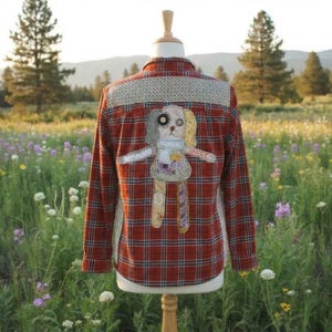 Upcycled Flannel Shirt with Patchwork Dog | Handmade Folk Art Reworked Clothing | Unique Dog Lover Gift | One of a Kind Artisan Apparel