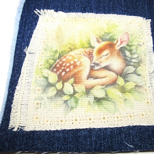 Boho Upcycled Denim and Fabric Patch Baby Deer Fawn Patch Blue Jean Patch Jacket Patch Streetwear Patch Raw Edge Applique 4.5&quot; x 4.5&quot;