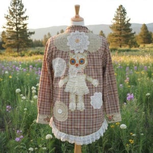 Upcycled Plaid Shirt – Patchwork Lace Cat, Vintage Doily Assemblage OOAK Feral Whimsy