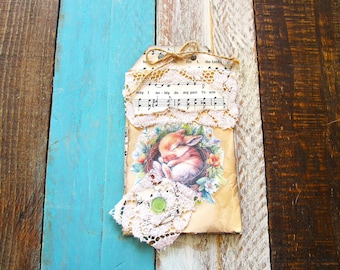 Scrappy Junk Journal Notepad of a Charming Whimsical Bunny Rabbit Sleeping in a Nest  Grungy Coffee Stained Papers Junk Journal Ephemera