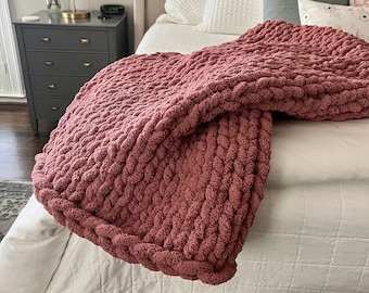 Rose Pink Soft Cozy Handmade Chunky Chenille Blanket Throw