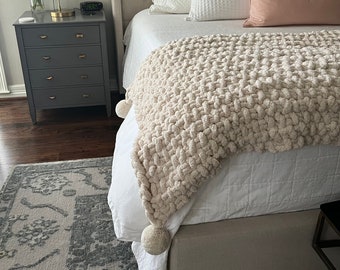Cream Beige Soft Cozy Handmade Chunky Chenille Blanket Throw with Poms