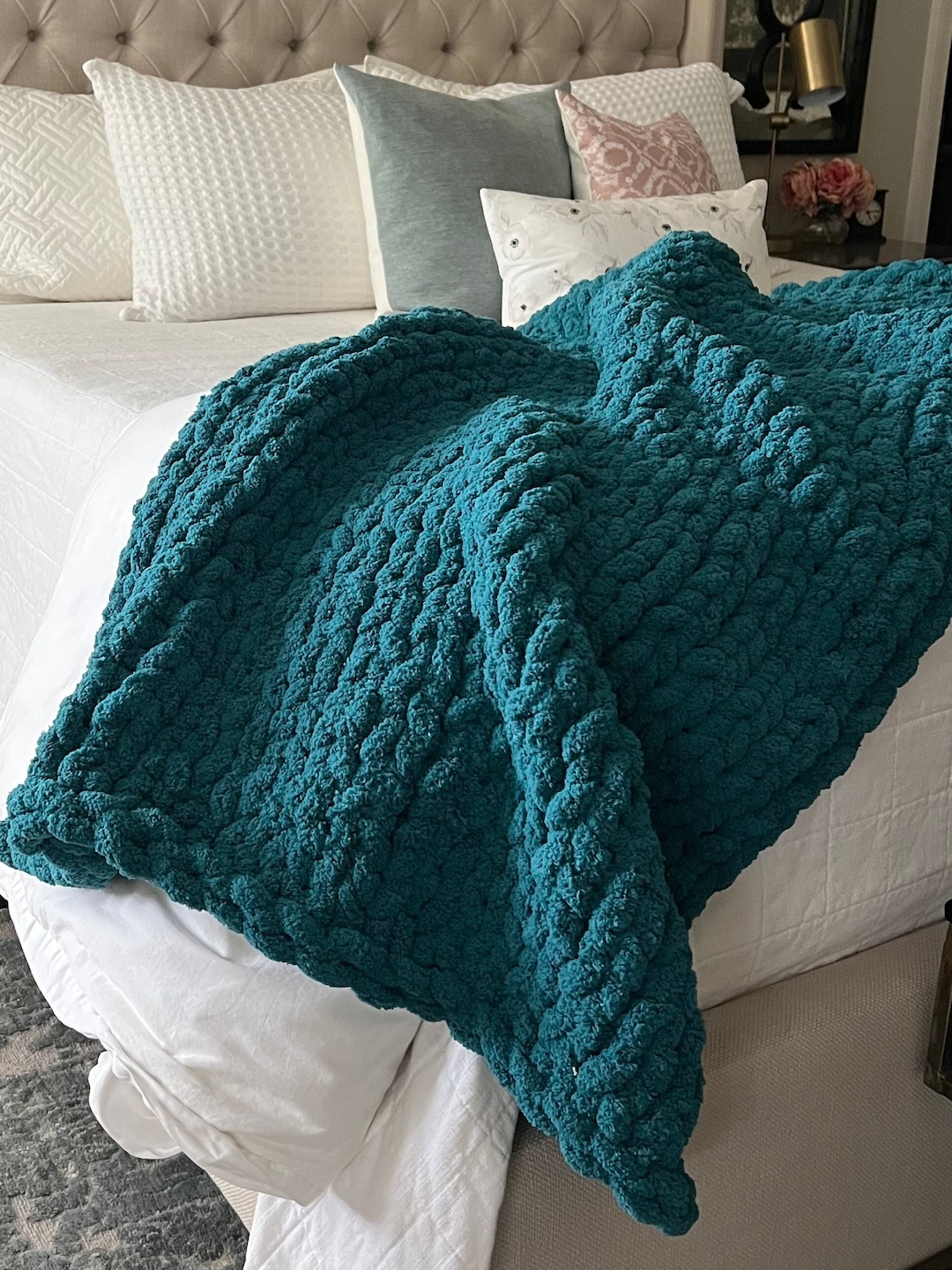 Teal Soft Handmade Cozy Chunky Chenille Knit Blanket Throw Etsy