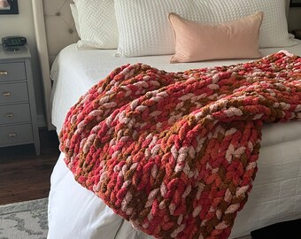 Pinks and Camel Soft Cozy Handmade Chunky Chenille Knit Blanket