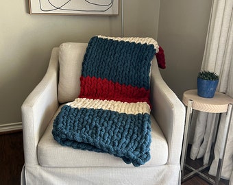 Teal, Wine Red, and Cream Color Block Soft Cozy Handmade Chunky Chenille Knit Blanket Throw