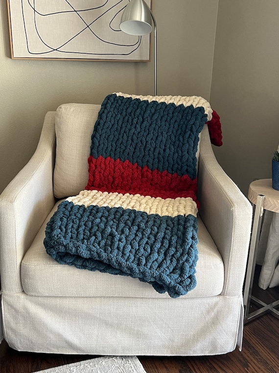 Teal, Wine Red, and Cream Color Block Soft Cozy Handmade Chunky