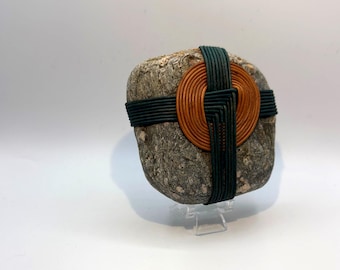 Handcrafted wrapped stone,woven leather cord,natural cane basketry,friend gift