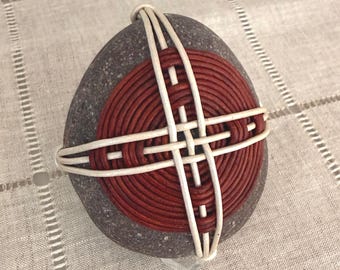 Handcrafted Wrapped Rock, Leather Cord Weaving, Zen Stone Talisman
