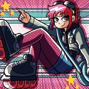 May include: Comic-style illustration of a person wearing roller skates, pointing upwards. The person has pink hair and is wearing a jacket and jeans. The background features a pink and white striped design with yellow stars.