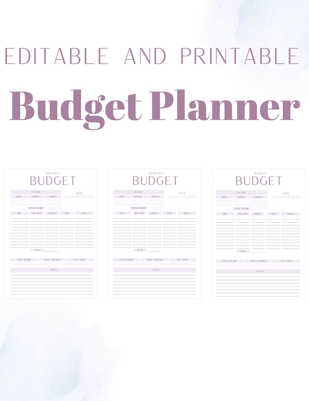 Editable and Printable Budget Planner (weekly/bi-weekly/monthly ...