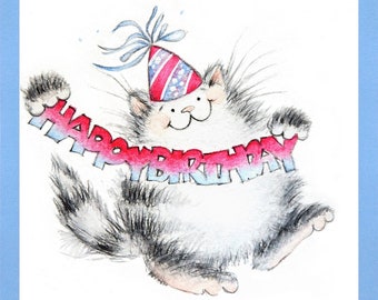 Cute Cat Happy Birthday Square Postcard | Handmade Art Illustration Giclée Greeting Card