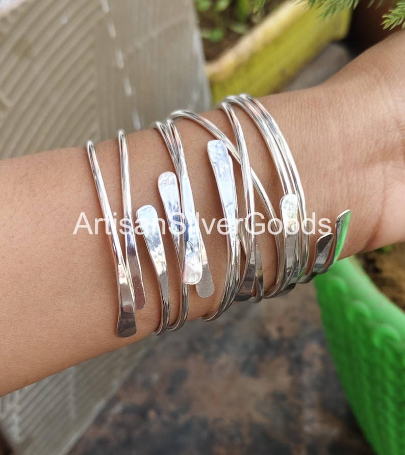 Bracelets réglables en argent sterling 925, lot de 5 joncs, jonc empilable, jonc 5 jours, jonc fait main, jonc épais en argent pour femme image 3