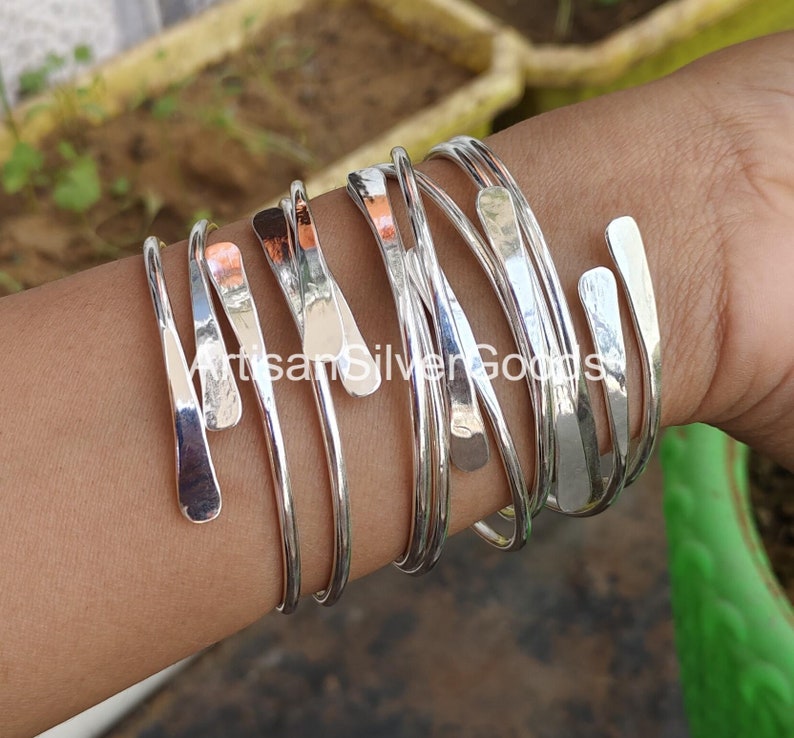 Bracelets réglables en argent sterling 925, lot de 5 joncs, jonc empilable, jonc 5 jours, jonc fait main, jonc épais en argent pour femme image 1