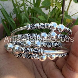 925 Sterling Silver Bangles, Ball Stacking Bangles Boho Cuff Bracelet Set of 5 Bangles  Thick West Indian Silver Bangle Gift for Him