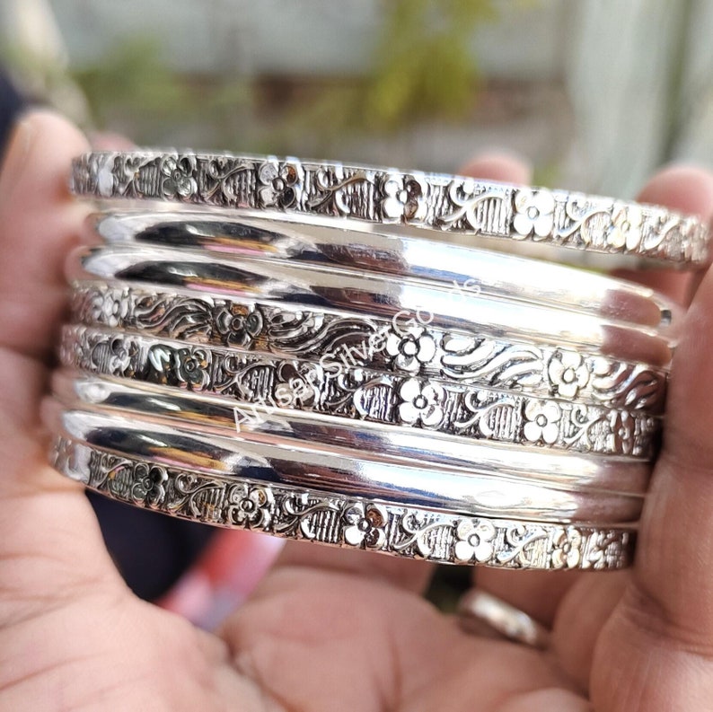 Solid 925 Silver Bangle, Set Of 8 Bangle, Silver Bangle, Handmade Bangle, Women Bangle, Wide Boho Bangles, 8 Day Bangles, Stacking Bangle image 3