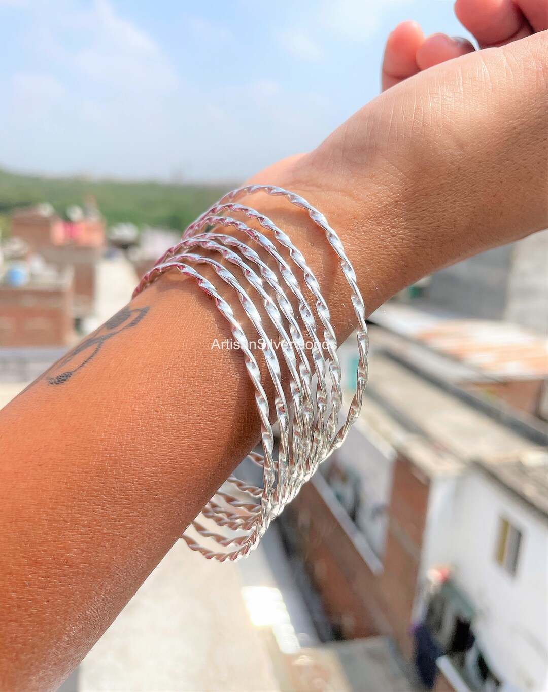 Sterling Silver Bangle | Shimmery Solid Silver Stacking Bangles | Set ...