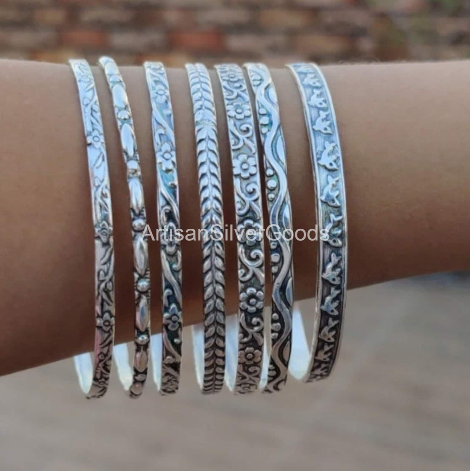 Solid Silver Bangle, Boho Bangle, 7 Set of Bangles, 7 Day Bangle