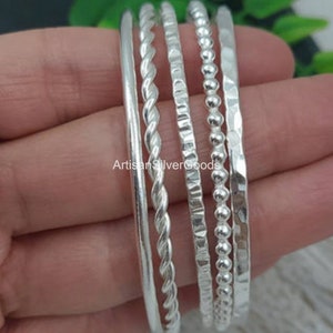 Bracelet jonc en argent massif 925, lot de 5 joncs, jonc en argent, jonc fait main, jonc pour femme, jonc martelé, jonc 5 jours, jonc empilable image 1