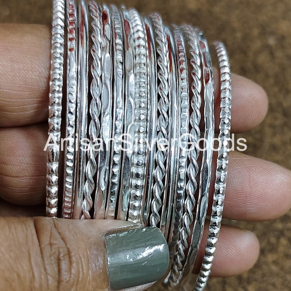 Stacking Bangle in Sterling Silver, Sterling Silver Bangle Set, Set of 10 Bangles Thin Stacking Bangles, Silver Bracelet Set, 10 Day Bangles