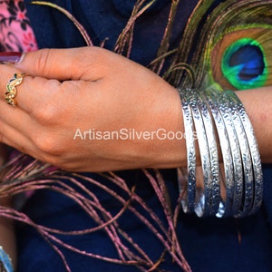 Hammered sterling silver bangle bracelets | Shimmery solid silver stacking bangles | Single or Set of 7 bangles|  7 day Bangles