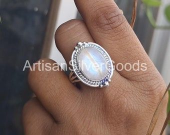 Natural Rainbow moonstone ring , Gemstone statement ring , Handmade sterling silver ring , oval shape stone Ring Gift For women Ring