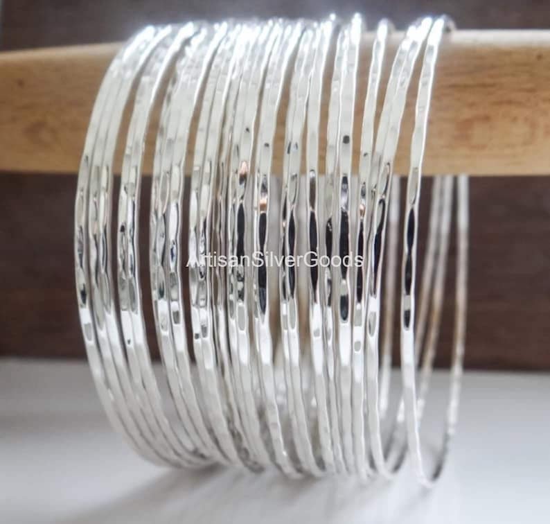 Stacking Bangle in Sterling Silver, Sterling Silver Bangle Set, Set of 7 Bangles, Thin Stacking, Bangles, Silver Bracelet Set, 7 Day Bangles image 1