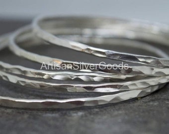 Hammered sterling silver bangle bracelets | Shimmery solid silver stacking bangles | Set of 7 Bangles |  7 day Bangles