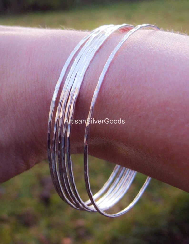 Stacking Bangle in Sterling Silver, Sterling Silver Bangle Set, Set of 7 Bangles, Thin Stacking, Bangles, Silver Bracelet Set, 7 Day Bangles image 2