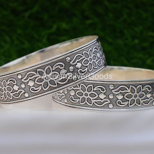 2 Pcs. Set of Bangles, Flower Design Bangle Sterling Silver Bangle