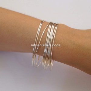 Dainty Thin 1.3mm Round, Sterling Silver Bangle Set, Set of 7 Bangles, Thin Stacking, Bangles, Silver Bracelet Set, 7 Day Bangles
