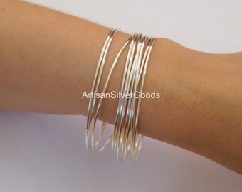 Dainty Thin 1.3mm Round, Sterling Silver Bangle Set, Set of 7 Bangles, Thin Stacking, Bangles, Silver Bracelet Set, 7 Day Bangles