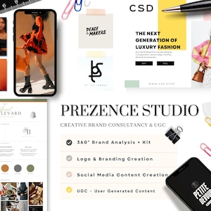 May include: A collage of images showcasing the services offered by Prezenze Studio, a creative brand consultancy and user-generated content (UGC) agency. The services include 360° brand analysis, logo and branding creation, social media content creation, and UGC.
