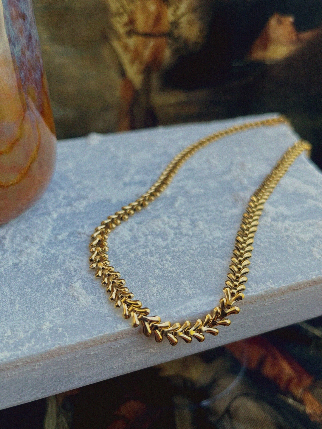 Gold Leaf Chain Necklace Chunky Chain Choker Minimalist Gold Leaf