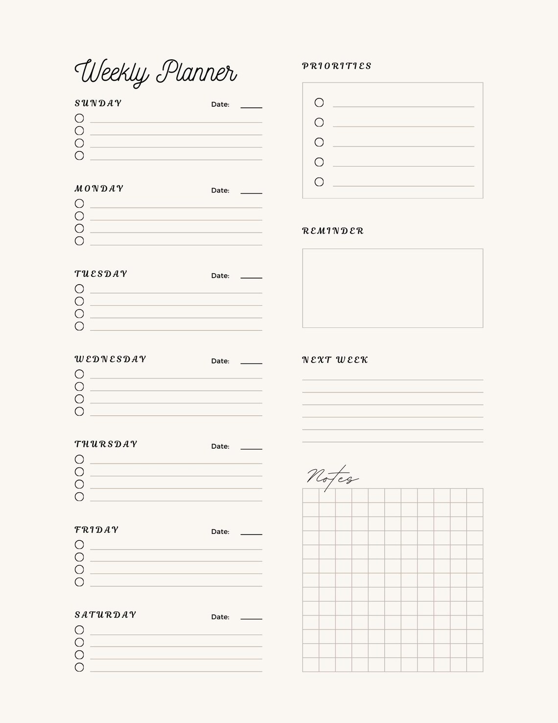 A4 Printable Weekly Planner Digital Print Downloadable - Etsy