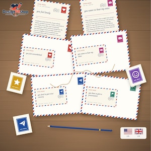 May include: A collection of airmail-themed envelopes and cards featuring red and blue striped borders. The cards include text prompts such as 'you feel lonely', 'you want to hear my voice', 'you feel overwhelmed', and 'you have to give a presentation'. A blue pencil lies below.