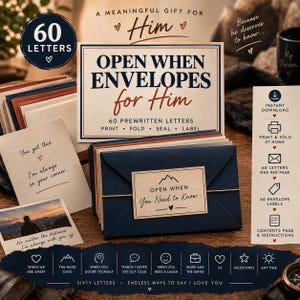 May include: A set of 60 prewritten letters and envelopes with the text Open When Envelopes for Him. Includes a stack of dark blue envelopes with labels, individual cards with messages like You got this, and a vertical instruction list for printing.