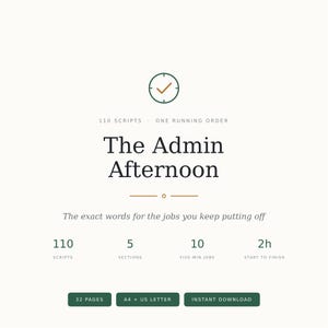 Può includere: Un documento digitale intitolato The Admin Afternoon contenente 110 script e un ordine in corso. Include 5 sezioni, 10 lavori da cinque minuti e una durata di 2 ore. Il file contiene 32 pagine in formato A4 e US Letter da scaricare.