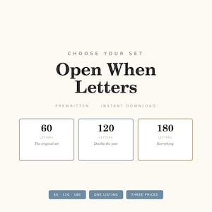 May include: A digital graphic featuring the text Open When Letters, Prewritten, Instant Download. Three rectangular boxes display options: 60 Letters The original set, 120 Letters Double the year, and 180 Letters Everything. Bottom buttons show 60 120 180, One Listing, Three Prices.