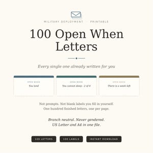 May include: A digital printable set titled 100 Open When Letters for military deployment. Includes 100 finished letters and labels. Features text examples like Open When You land, You cannot sleep, and There is a week left. US Letter and A4.
