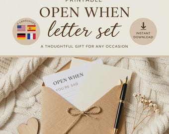 Cartas imprimibles para abrir cuando..., 30 sobres preescritos para abrir cuando..., inglés, español, alemán, francés, paquete de regalo, apoyo emocional.
