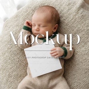 Newborn Baby with Square Card Mockup | Custom Card Color | Baby Announcement Mockup | PSD Smart Object | Photography Template