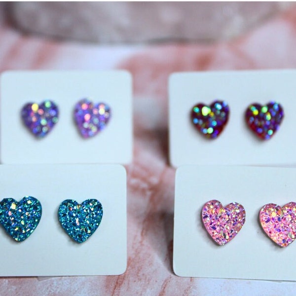 Sparkle Heart Studs | FOUR colors | Valentine's Day Stud Earrings