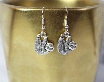 Silver Sloth Earrings | Dangle Animal Earrings | Cute Sloth Jewelry