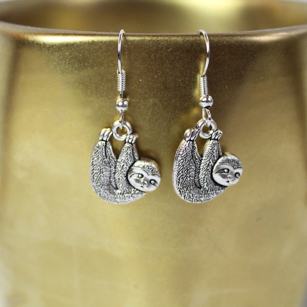 Silver Sloth Earrings | Dangle Animal Earrings | Cute Sloth Jewelry