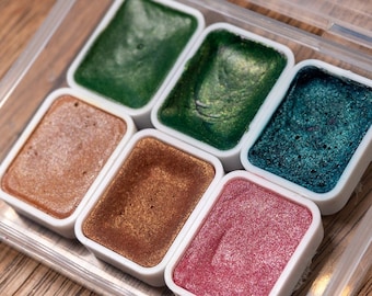 Shimmer Watercolors Set ~ shimmering like summer pond, 6-Color Paint Palette, Watercolor paint color scheme, paints palette, glitter pigment