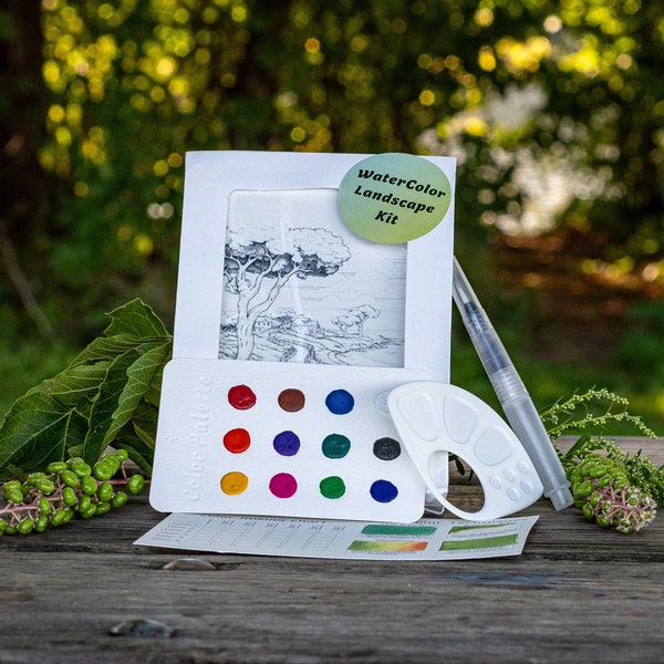 Landscape Watercolor Kit | DIY Watercolor kit, coloring kit, craft gift, paint kit, travel package kit, postcard, cottage life, Nature kit