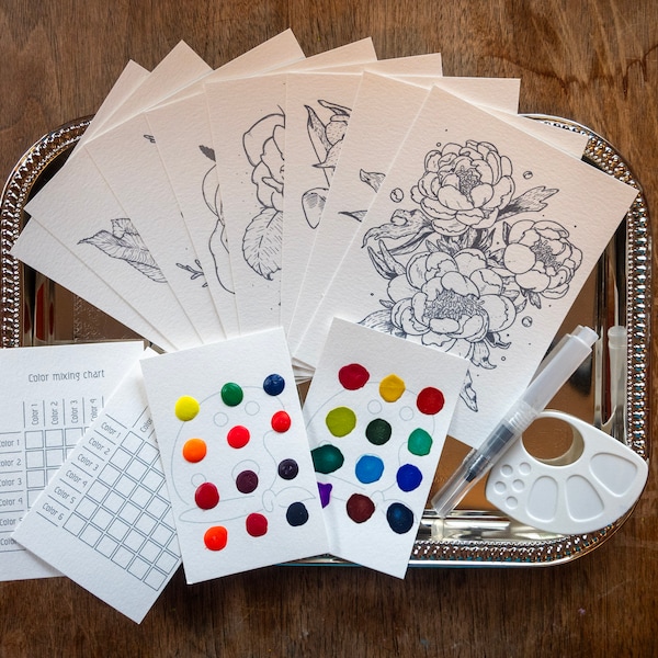 Flower WaterColor Kit | Watercolor kit, DIY coloring kit, Arts & Crafts gift, Water Painting Kit, Travel art package, Postcard, Flower Kit